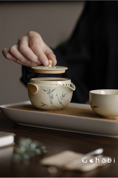Gohobi Plant Ash Hand-Painted Travel Tea Set – Portable Gaiwan Set with Two Cups