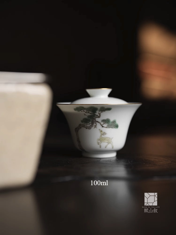 [賦山敘 x Gohobi] Gaiwan en pin et cerf peint à la main – Bol à thé Gongfu en céramique de style antique pour l'infusion du thé de roche