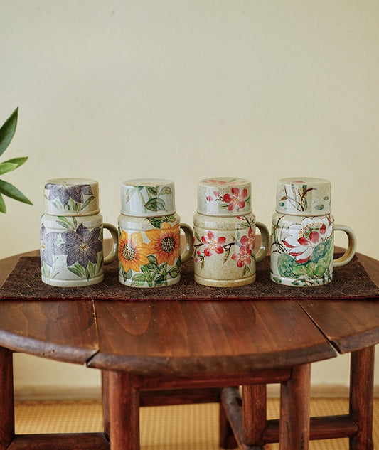 Gohobi Hand-Painted Blue and White Floral Mug with Lid Cup