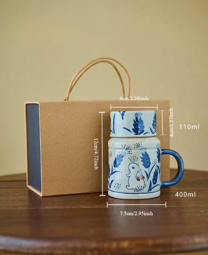 Gohobi Hand-Painted Blue and White Rabbit Mug with Lid Cup