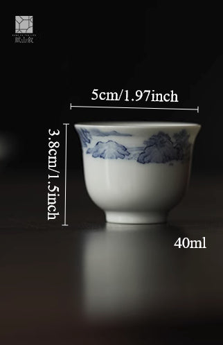 [賦山敘 x Gohobi] Blue and White Landscape Teacup Set – 3pcs Hand-Painted Porcelain Gongfu Cups with Minimalist Brushwork