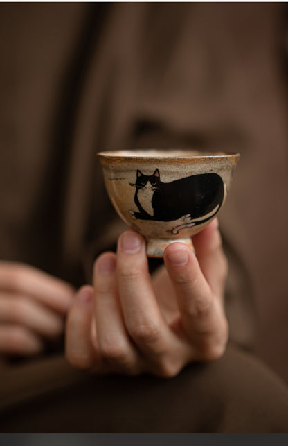 Gohobi Handmade Black Ink Hand-painted Cat Tea Cup 002