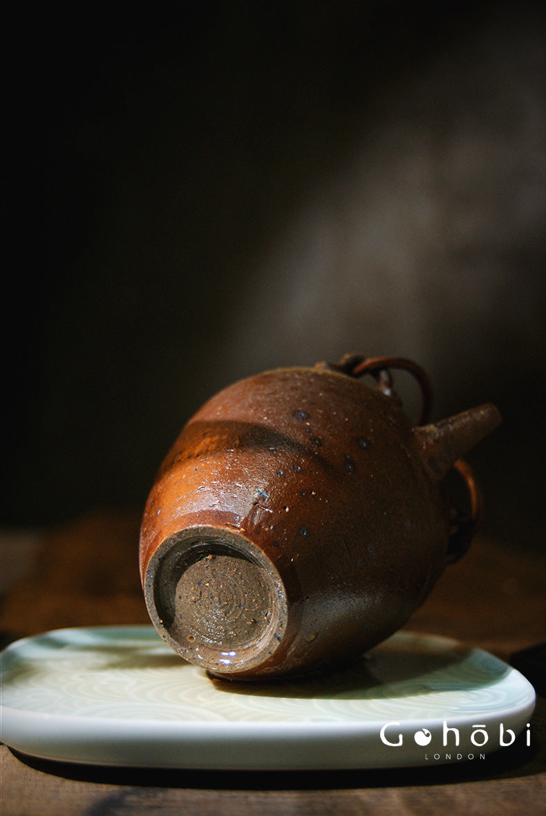 Gohobi Heat-Resistant Old Rock Mud Boiling Teapot – Coarse Pottery Beam-Lifted Stove Kettle (560ml)