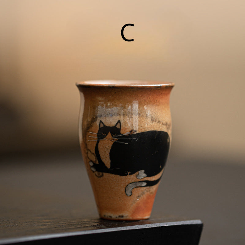 Gohobi Handmade Black Ink Hand-painted Cat Tea Cup 001