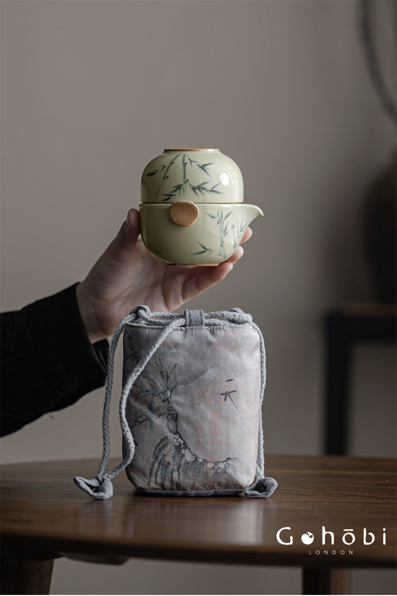 Gohobi Plant Ash Hand-Painted Travel Tea Set – Portable Gaiwan Set with Two Cups
