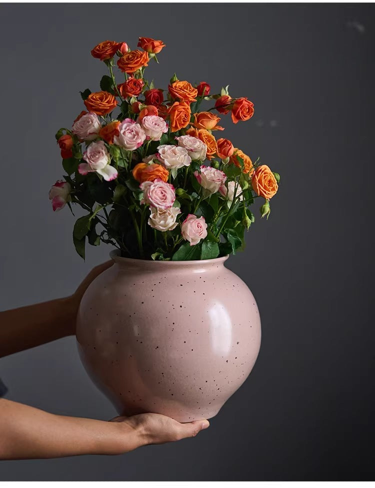 Gohobi Jingdezhen Handmade Pink Ceramic Vase – Wide Mouth Retro Coarse Pottery Flower Vase