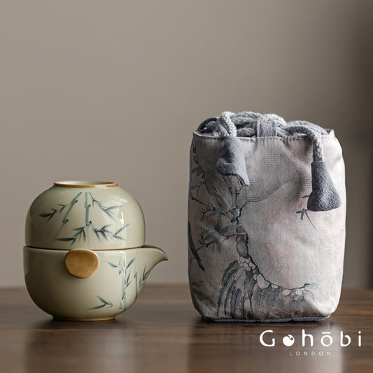 Gohobi Plant Ash Hand-Painted Travel Tea Set – Portable Gaiwan Set with Two Cups