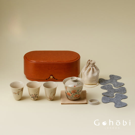 Gohobi Wood Ash Glaze Travel Tea Set – Hand-Painted Gaiwan Tea Set with Leather Case