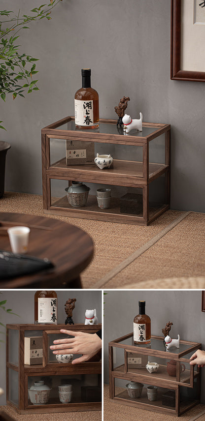 Gohobi Walnut Wood Glass Tea Cabinet (Two Single Sliding Door)