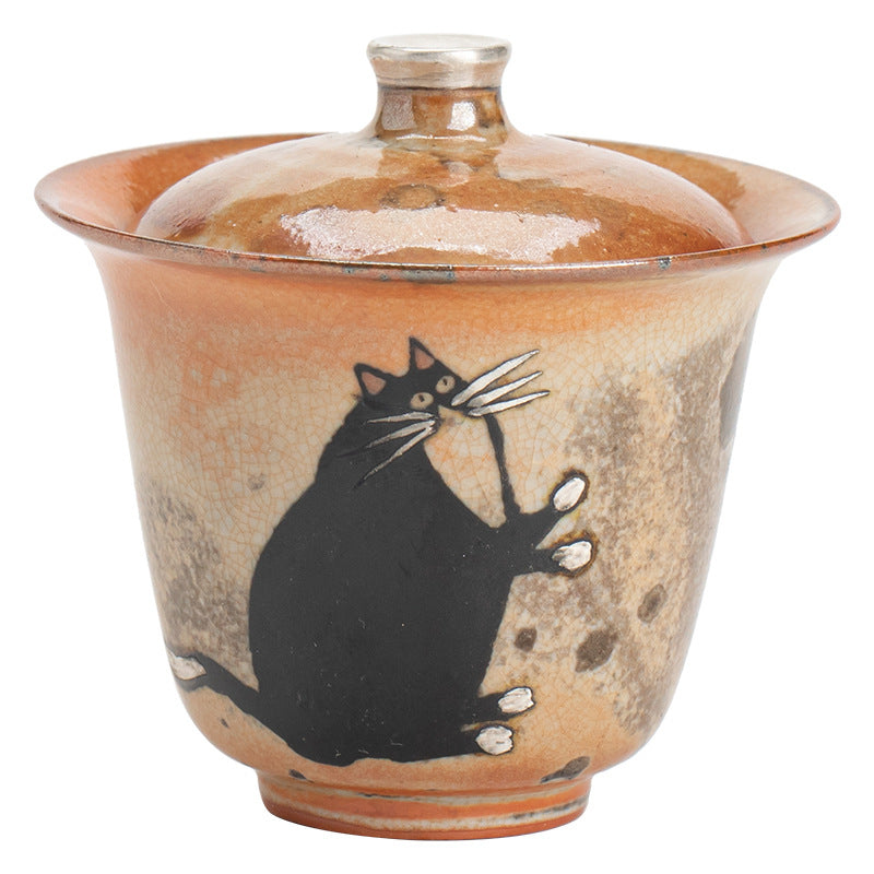 Gohobi Handmade Black Ink Hand-painted Cat Gaiwan 010