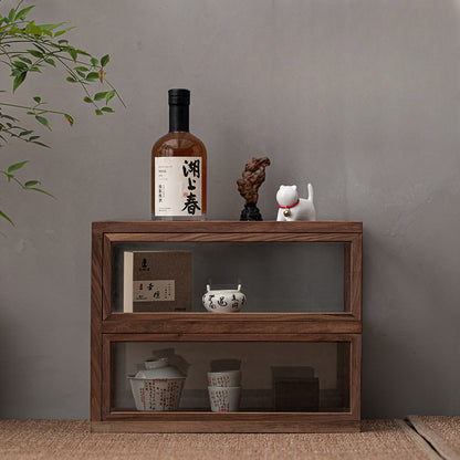 Gohobi Walnut Wood Glass Tea Cabinet (Two Single Sliding Door)