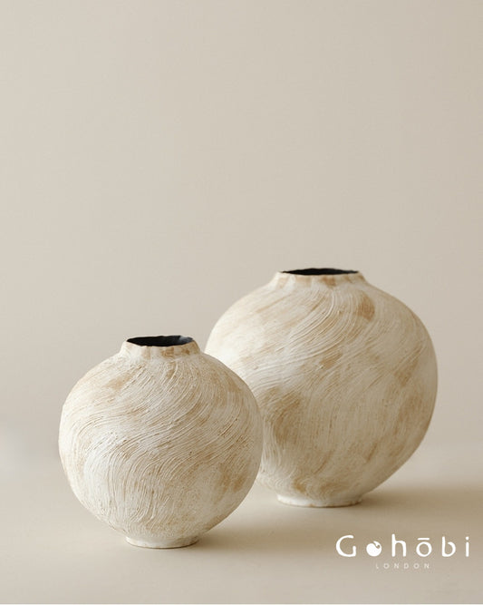 Gohobi Wabi-Sabi Japanese Ceramic Vase – Handmade White Sand Texture Decorative Vase (2 Sizes)