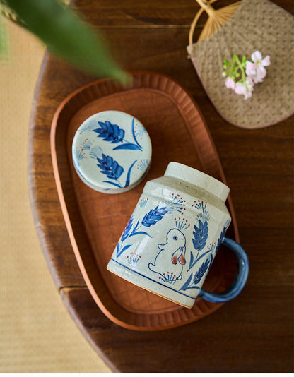 Gohobi Hand-Painted Blue and White Rabbit Mug with Lid Cup