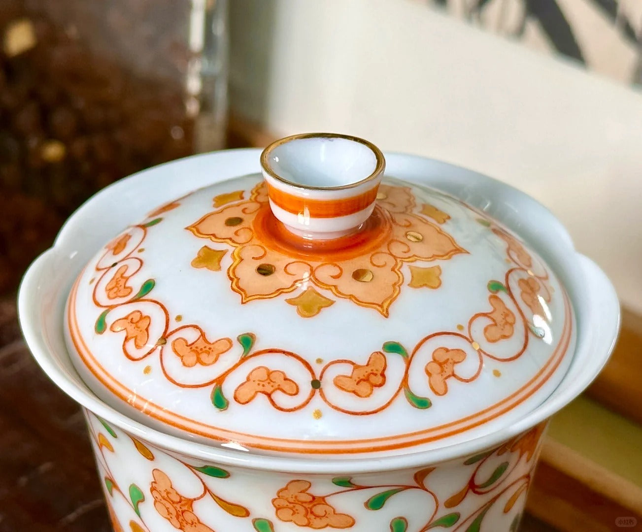 [清和堂 x Gohobi Gallery] Hand-painted Golden Red Orange Ganoderma Lucidum Pattern Tea Gaiwan Saucer Plate Tea Cup