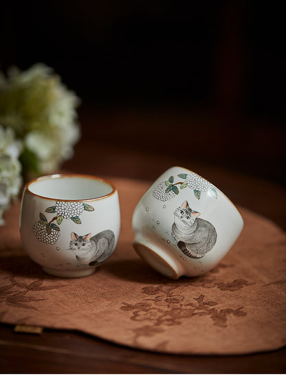 Gohobi Hand-painted Grey Cat Hydrangeas Ceramic Tea Cup