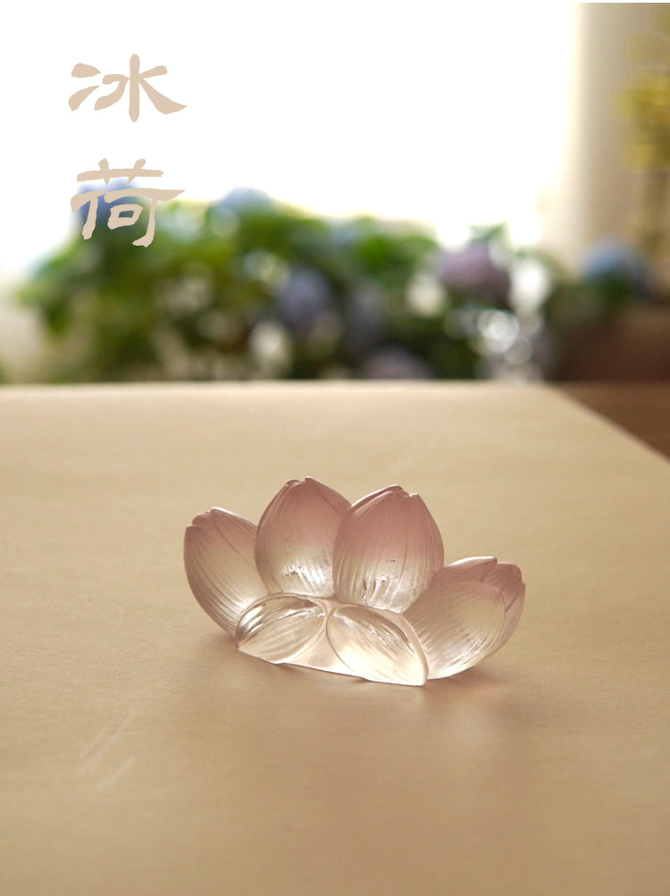 Gohobi Pate de Verre Lotus Shaped Coloured Glass Ornament Pen Holder Paperweight