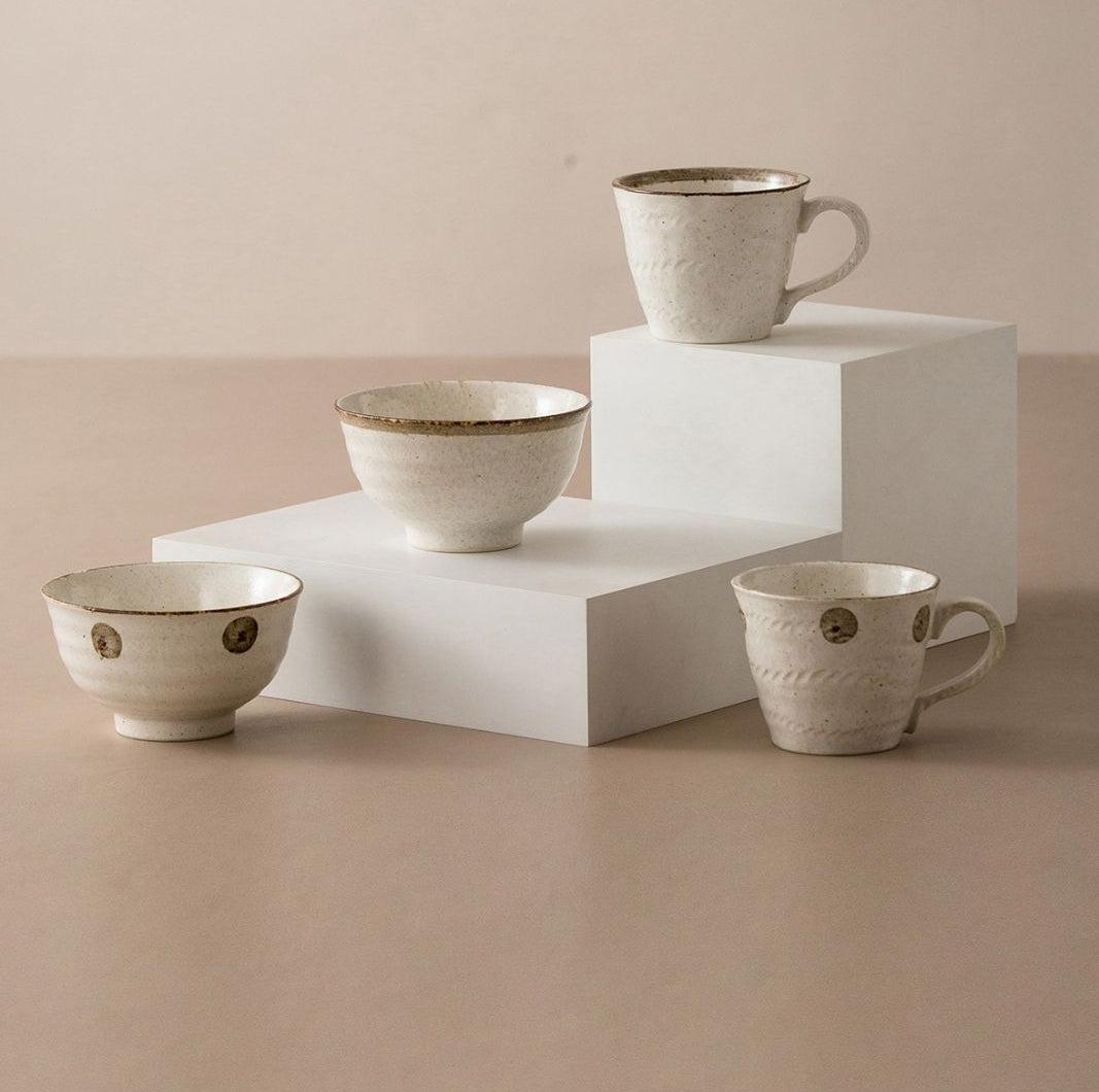 Gohobi Japanese Kakuni Ceramic Water Mug and Rice Bowl Set