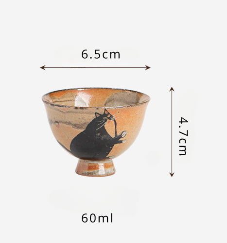 Gohobi Handmade Black Ink Hand-painted Cat Tea Cup 002