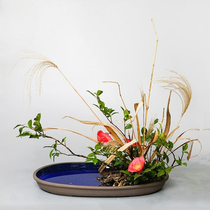 Gohobi Extra Large Oval Ikebana Bowl – Japanese Ceramic Flower Arrangement Vessel