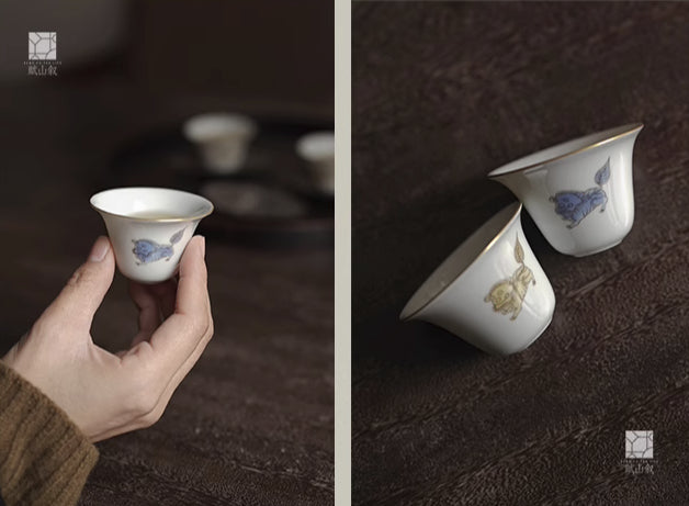 [賦山敘 x Gohobi] Hand-Painted “Playful Guardian Lion” Teacup Set – Set of 3 Gilded New Chinese Style Bell-Shaped Cups