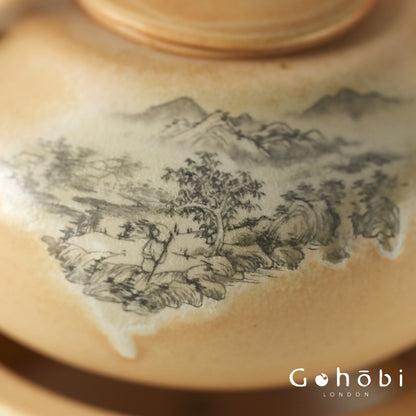 Gohobi Firewood-Style Mini Stove Teapot – Hand-Painted Landscape Charcoal Tea Pot