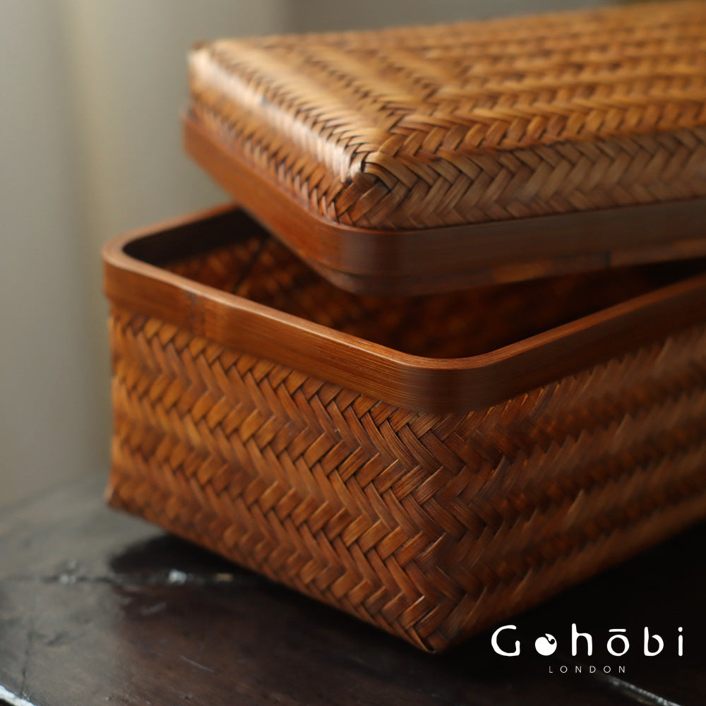 Gohobi Handmade Lacquer Bamboo Woven Storage Box – Large Tea Ceremony Utensil & Jewellery Storage Box