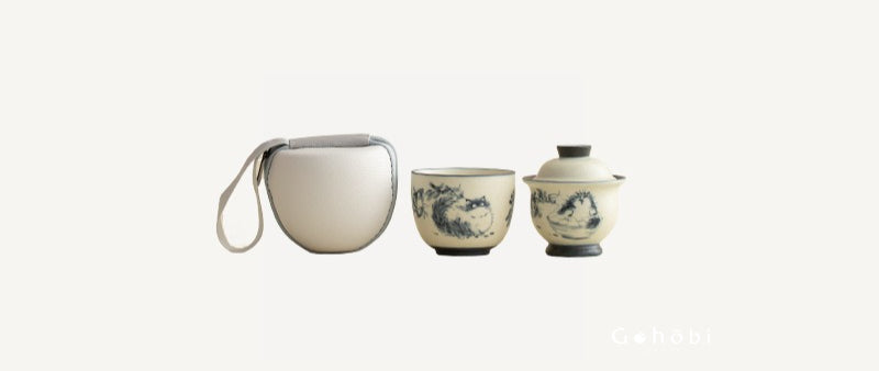 Gohobi Cute Cat Ceramic Travel Tea Set – Portable Gaiwan Tea Cup Set for One