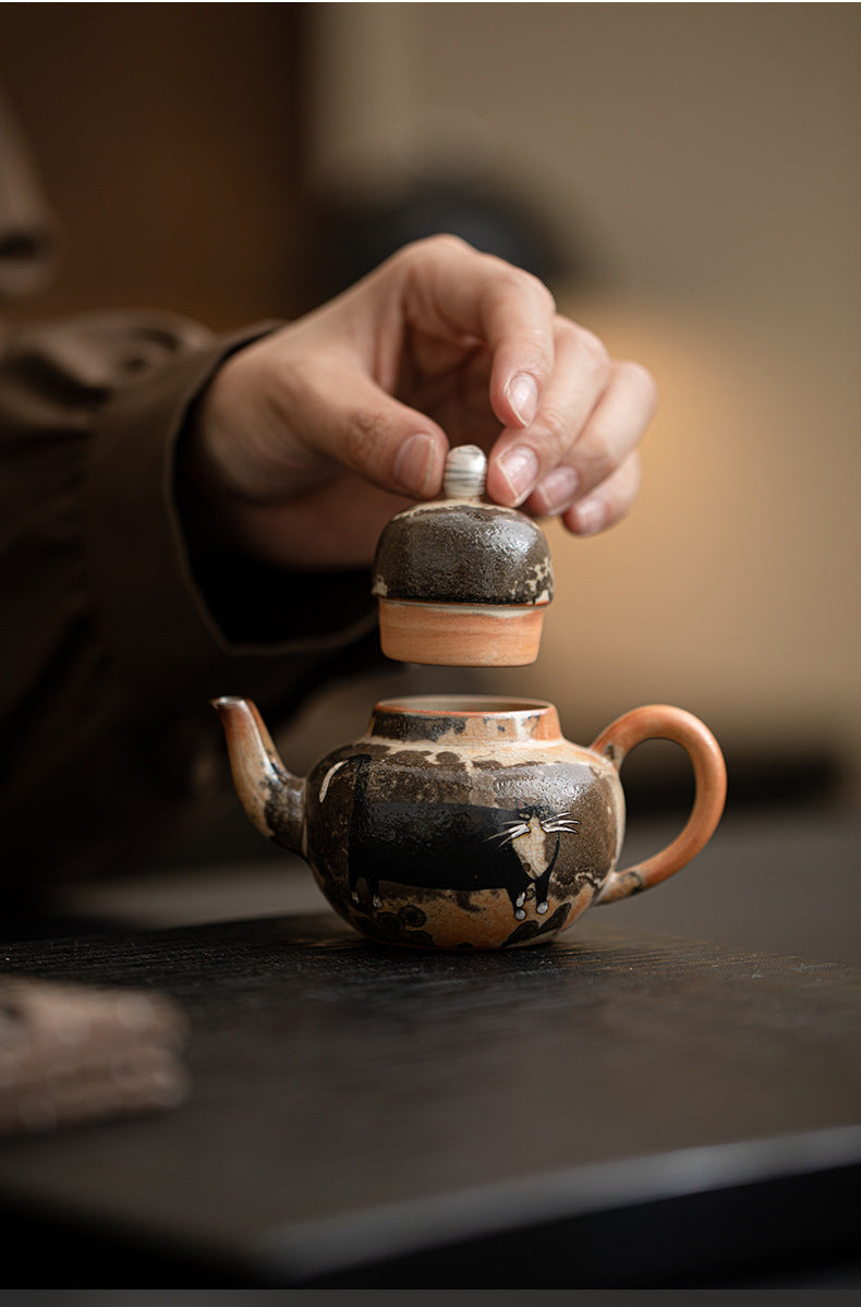 Gohobi Handmade Black Ink Hand-painted Cat Teapot 004