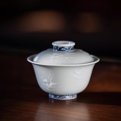 Blue and White Relief Carved Gaiwan – Sea Beast Motif, Handcrafted Porcelain Tea Bowl with Lid
