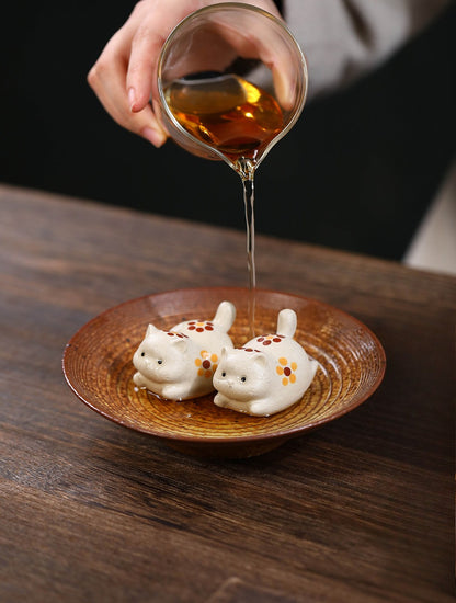 Gohobi Yixing Purple Clay Flower Cat Tea Pet – Handmade Lucky Cat Ornament