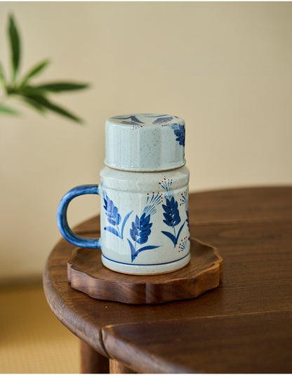 Gohobi Hand-Painted Blue and White Rabbit Mug with Lid Cup