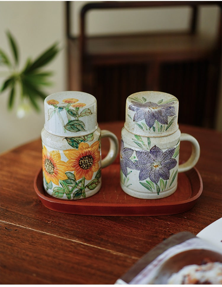 Gohobi Hand-Painted Blue and White Floral Mug with Lid Cup