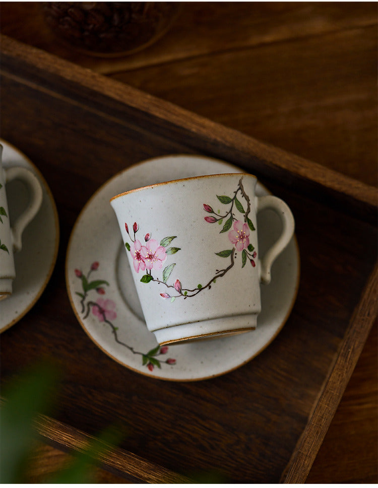 Gohobi Handmade Vintage hand-painted Floral Japanese Stoneware Coffee Mug and Saucer Set