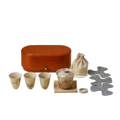 Gohobi Wood Ash Glaze Travel Tea Set – Hand-Painted Gaiwan Tea Set with Leather Case