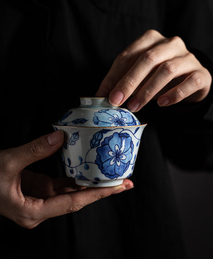 Gohobi Blue and White Lotus Gaiwan Three-Piece Set