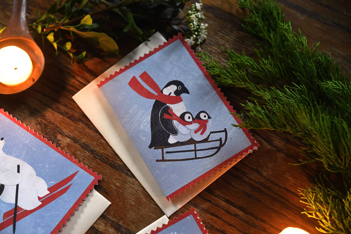 Mortlake Papers Penguin Family Christmas Card | Sledging Winter Holiday Card [Made in the UK]