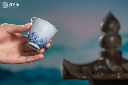 [清本源 x Gohobi Gallery] Blue and White Twin Cranes Bell Cup with Red Cliff Ode Engraving