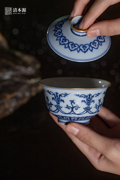 [清本源 x Gohobi Gallery] Double-Dragon Pattern Blue-on-Blue Precious Lotus Gaiwan