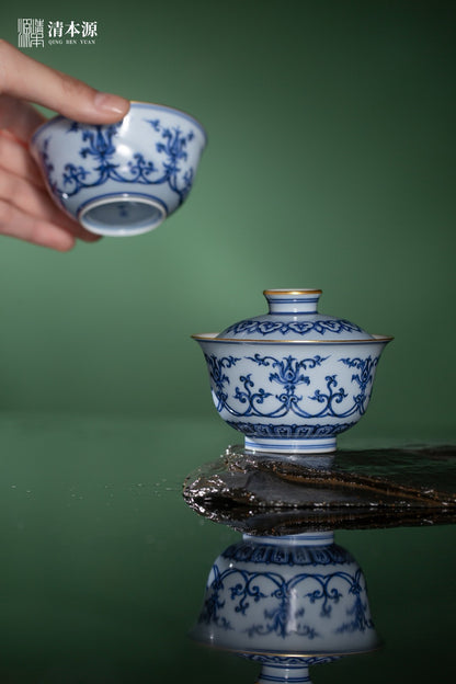 [清本源 x Gohobi Gallery] Double-Dragon Pattern Blue-on-Blue Precious Lotus Gaiwan