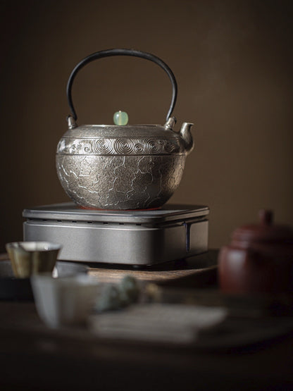 [蔓生敘古x Chingshui Tang] Conch Pattern Silver Teapot – Handcrafted Spiral-Ribbed 9999 Fine Silver Gongfu Teaware