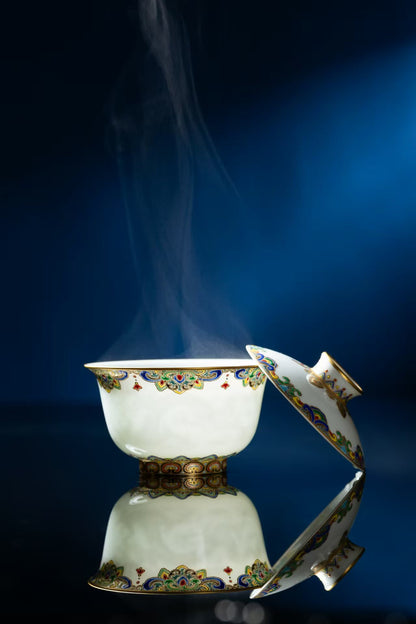 [清本源 x Gohobi Gallery] Inner-Molded Cloud Dragon Motif Sweet White Glaze Gaiwan with Famille Rose "Baoxiang" Pattern / Matching Cup