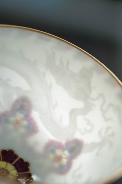 [清本源 x Gohobi Gallery] Inner-Molded Cloud Dragon Motif Sweet White Glaze Gaiwan with Famille Rose "Baoxiang" Pattern / Matching Cup