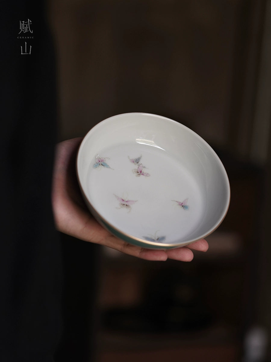 [賦山敘 x Gohobi] Turquoise Butterfly Teapot Base – Minimalist Pastel Ceramic Dry Brewing Tray for Gaiwan & Teapot