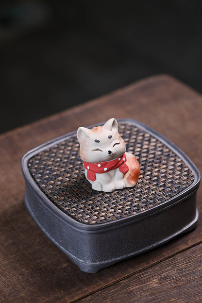 Gohobi Yixing Purple Clay Fox Cat Tea Pet – Hand-Painted Lucky Cat Ornament
