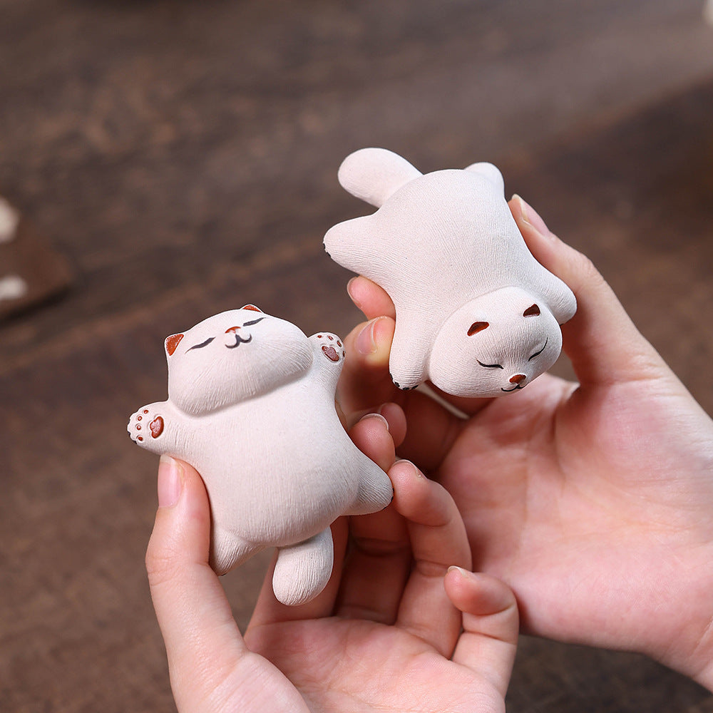 Gohobi Yixing Purple Clay Sleeping Cat Tea Pet – Handmade Lucky Cat Ornament
