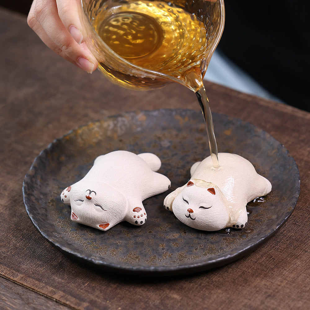 Gohobi Yixing Purple Clay Sleeping Cat Tea Pet – Handmade Lucky Cat Ornament