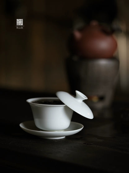 [賦山敘 x Gohobi] Jingdezhen Handmade Tea Testing Jade White Ceramic Gaiwan and Saucer