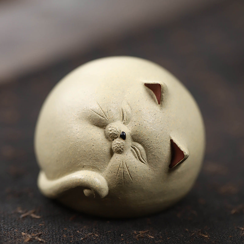 Gohobi Handmade Ceramic YiXing Clay Sleepy Cat Ornament Tea pet