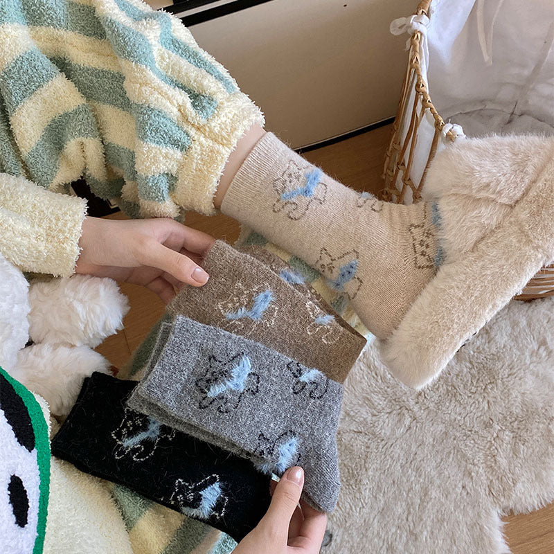 Gohobi Fleece-Lined Cat Print Winter Socks