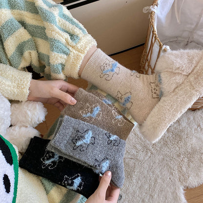 Gohobi Fleece-Lined Cat Print Winter Socks